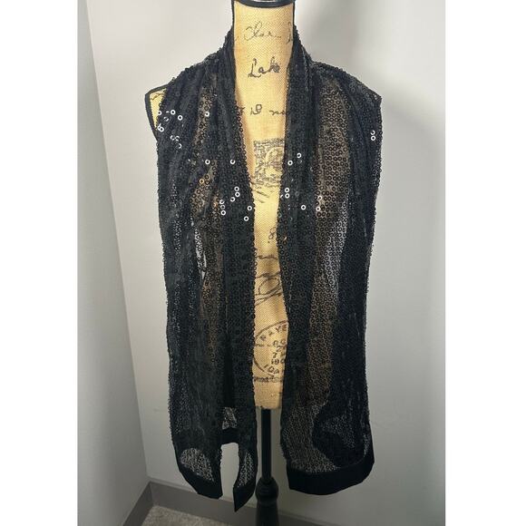 Black Mesh Sequin Satin Trim Scarf Shawl Women's OS - Picture 2 of 7